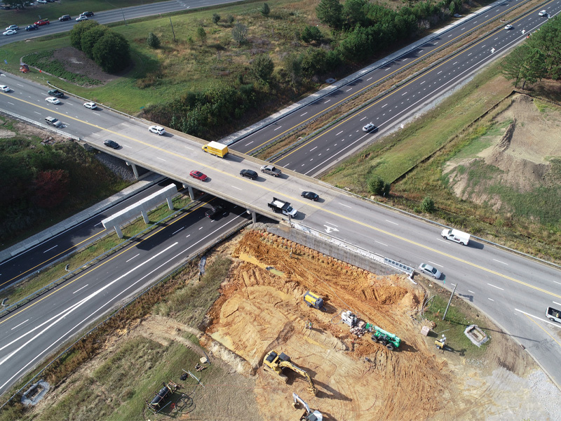 Aerial view of the construction on the NCDOT I-40 Widening Project