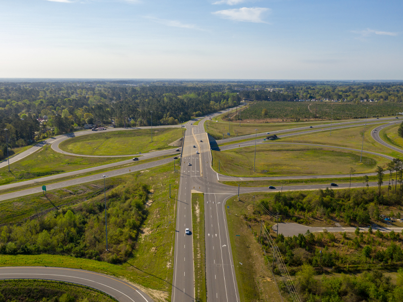 Overhead view of the stretch of road featuring the NCDOT Fayetteville Outer Loop