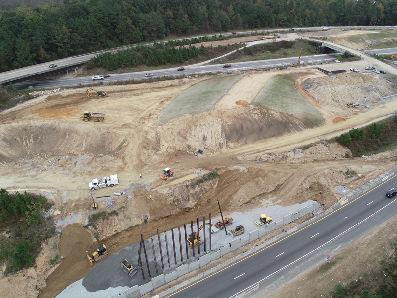Aerial view of the construction on the NCDOT I-40 Widening Project