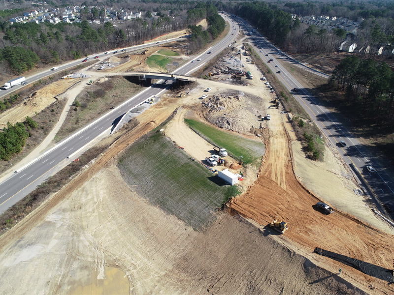 Aerial view of the construction on the NCDOT I-40 Widening Project
