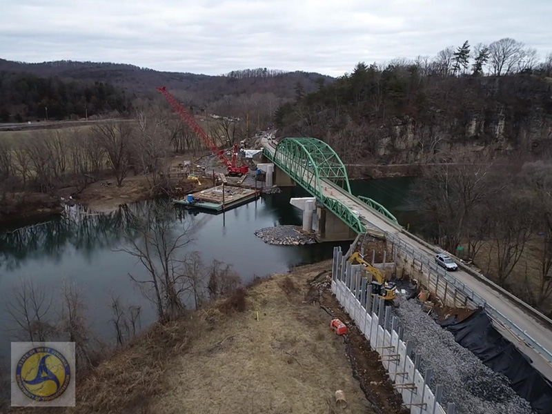 View of the John Blue Bridge in WV from an aerial perspective.