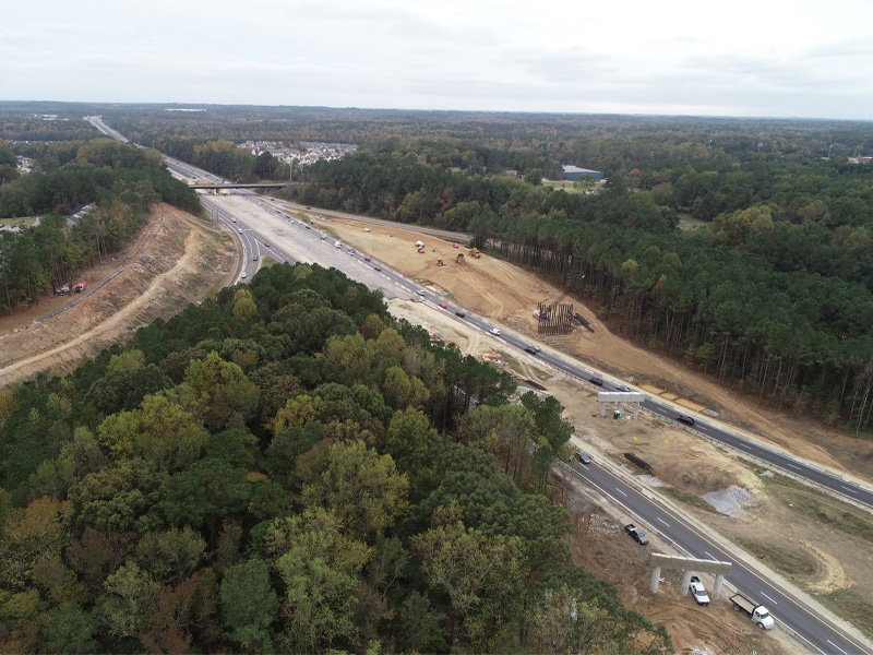 Aerial view of the construction on the NCDOT I-40 Widening Project