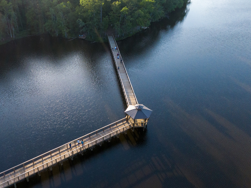 overhead view of the lake rogers park boardwalk and nature trail entrance in use.
