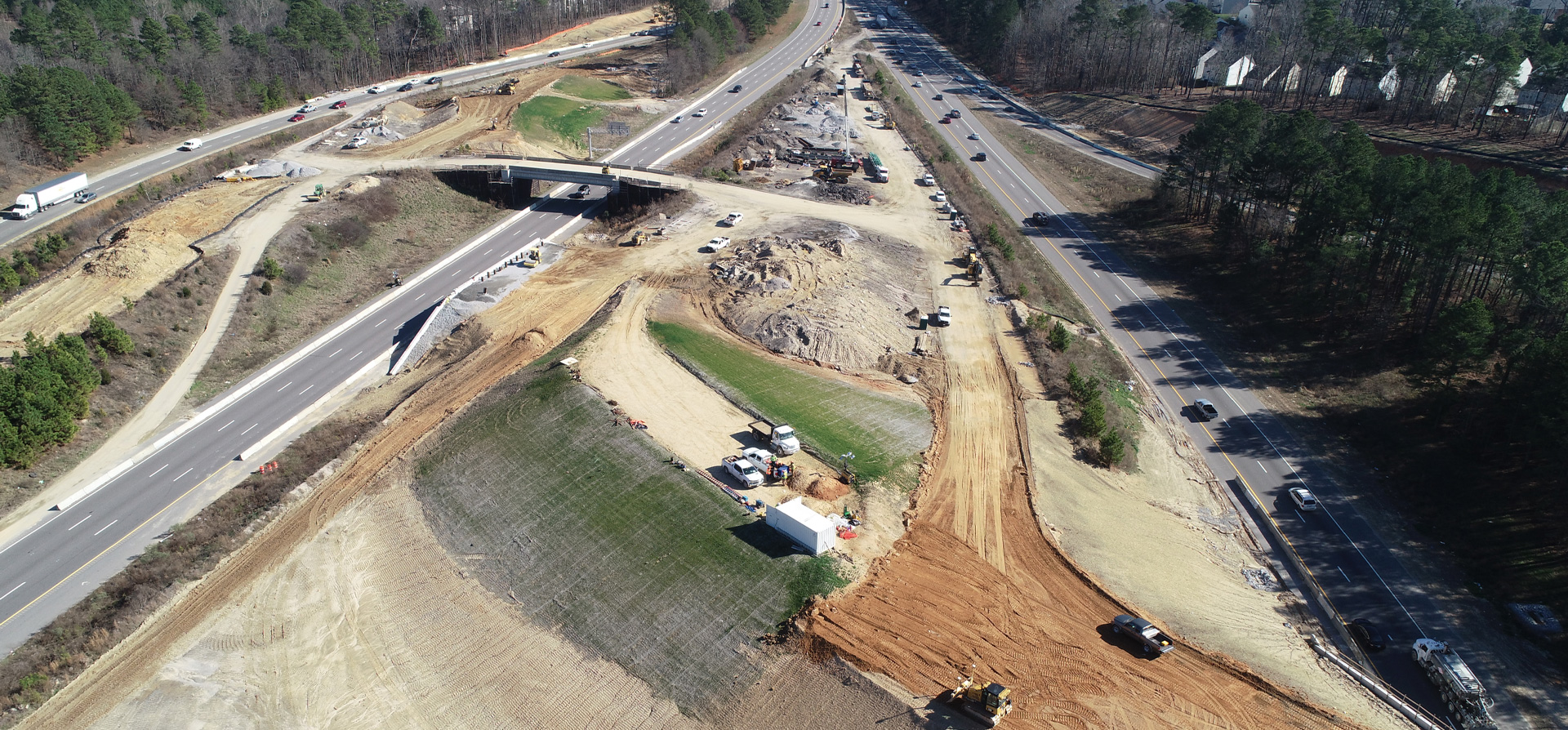Aerial view of the construction on the NCDOT I-40 Widening Project