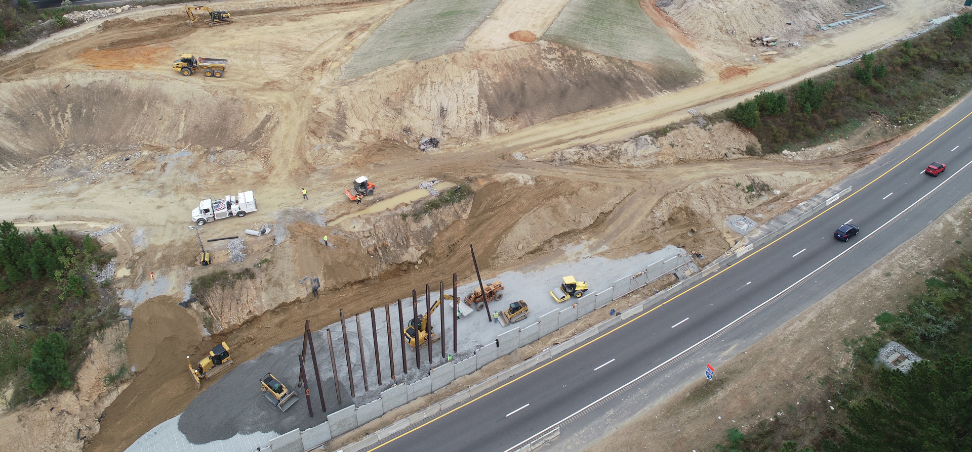 Aerial view of the construction on the NCDOT I-40 Widening Project
