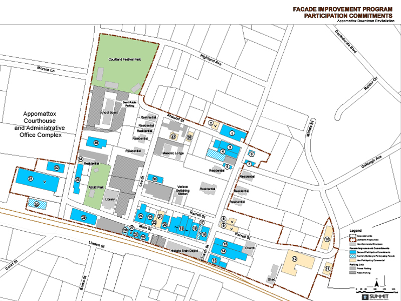 Town of Appomattox Downtown Revitalization façade improvement planning map.