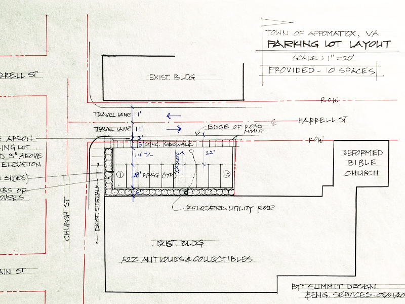 Concept sketch of the Town of Appomattox Downtown Revitalization parking lot and street-level additions.