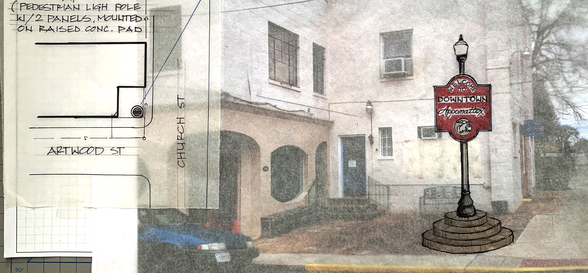 Concept Rendering for the Town of Appomattox Downtown Revitalization featuring a sketch of the signage and location superimposed over currently existing buildings.