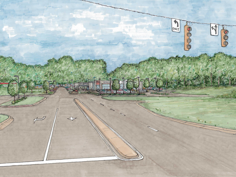 Concept sketch of an intersection and car dealership for the Highway 86 Development Rendering
