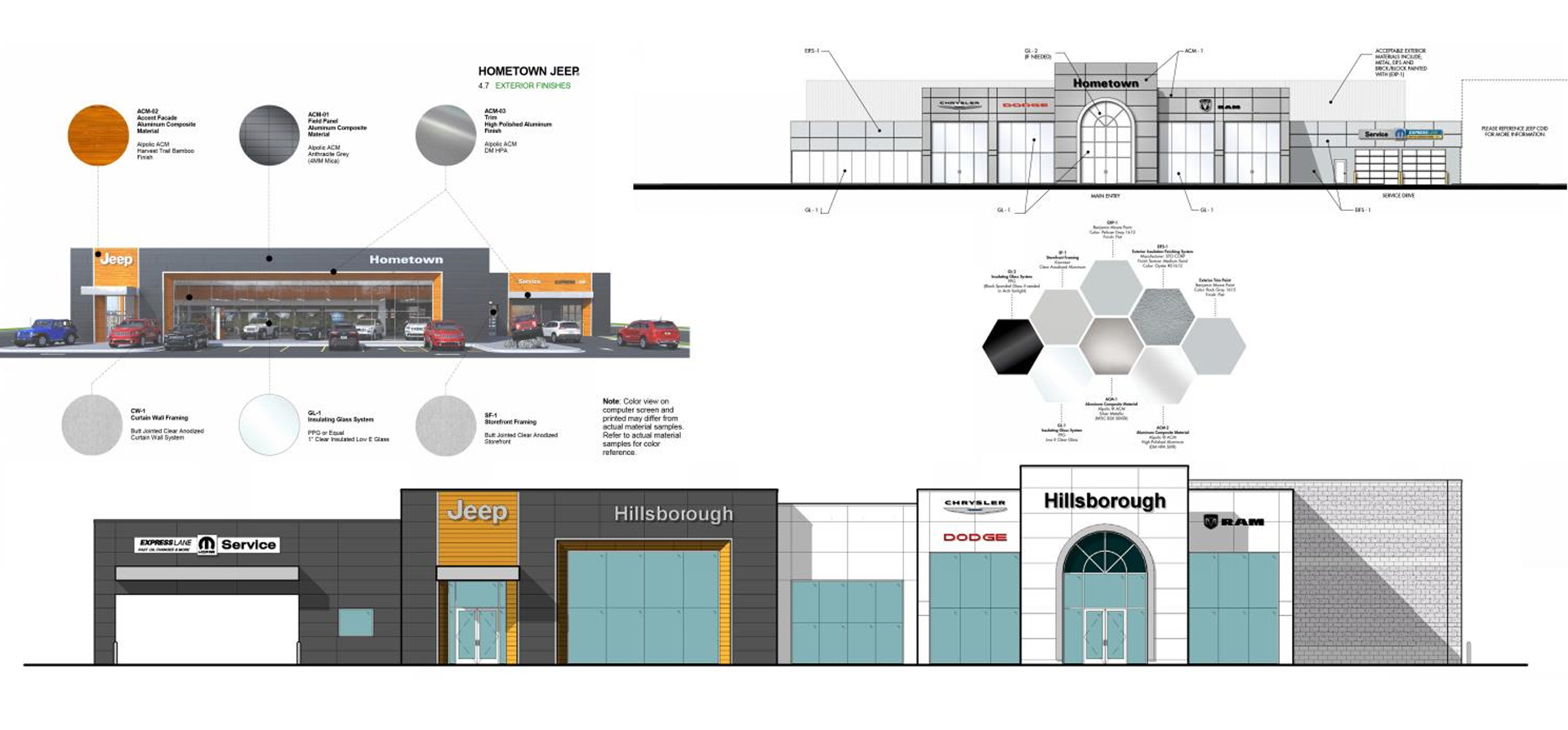 Highway 86 development design ideations for multiple storefronts, including the Dodge/Ram/Jeep dealership.