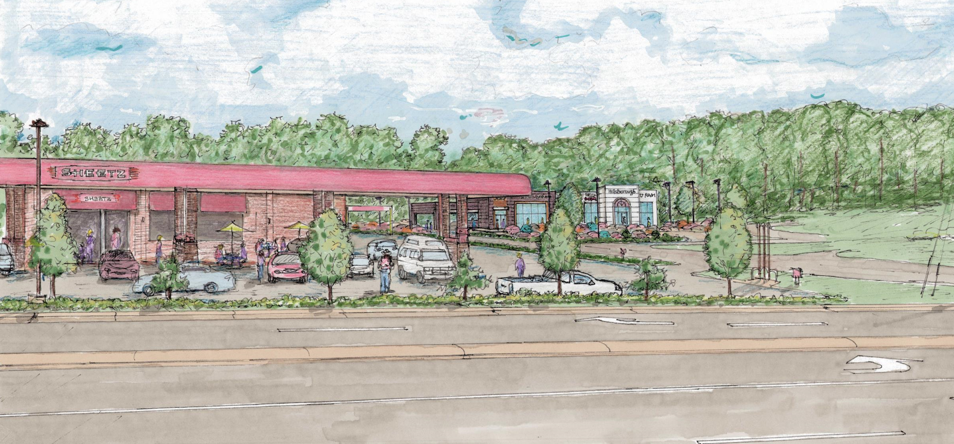 Concept sketch of a Sheetz gas station and convenience store alongside Highway 86