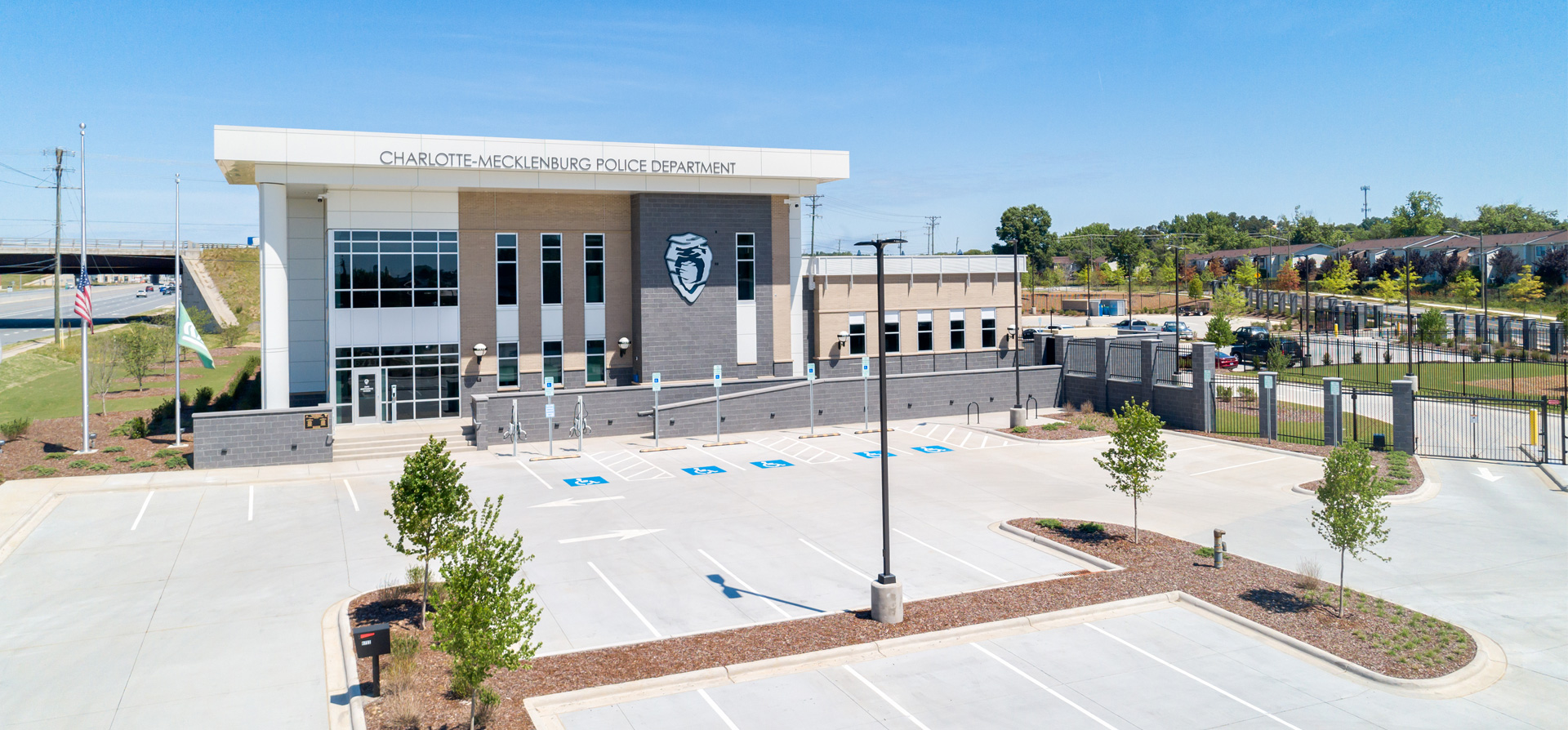 Photograph of the CMPD independence station overlooking the parking lot leading to the front of the building.