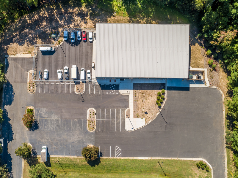 Top-down photograph of the Durham Tech Facility and it's surrounding parking lot.