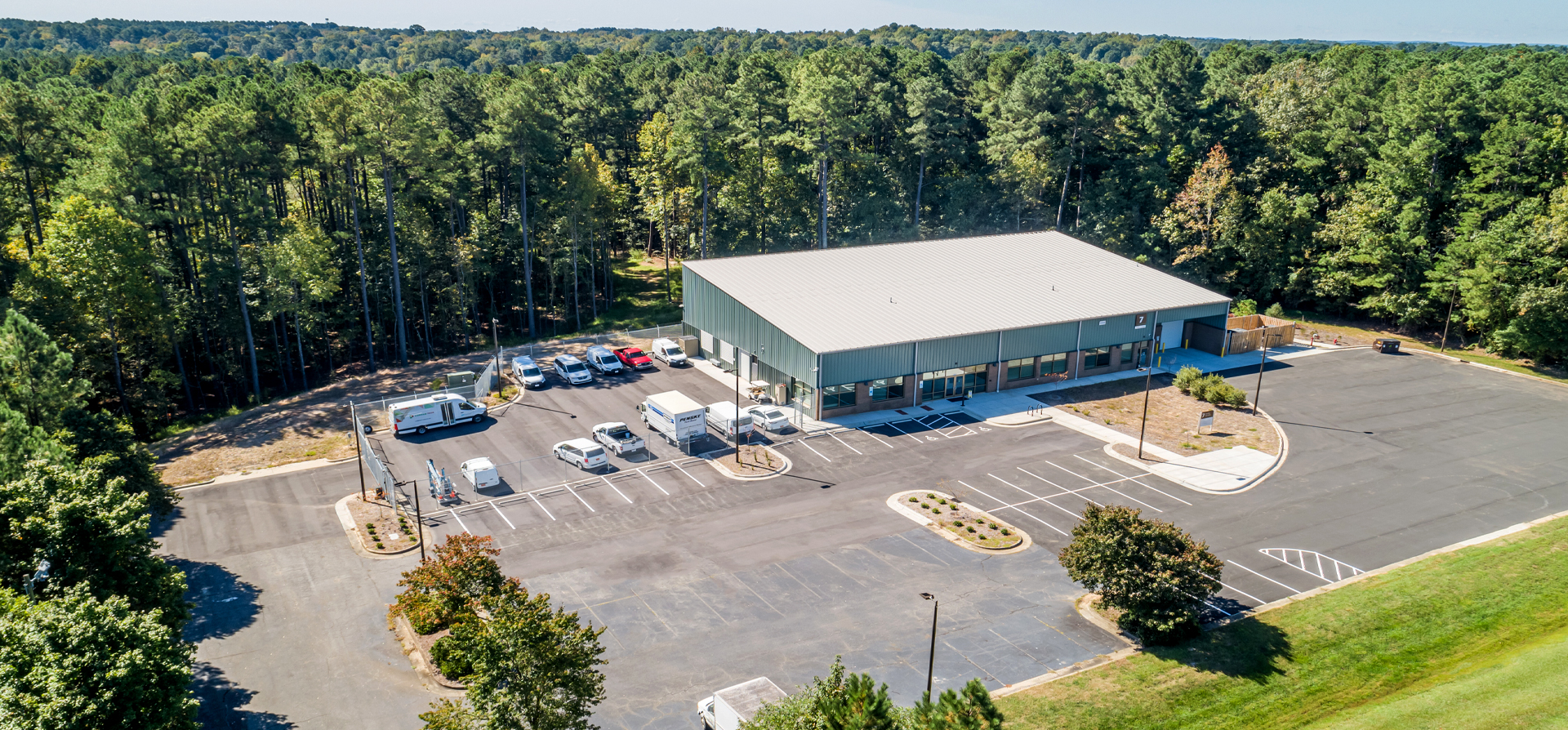 Drone photo of the Durham Tech Facility including parking lot.