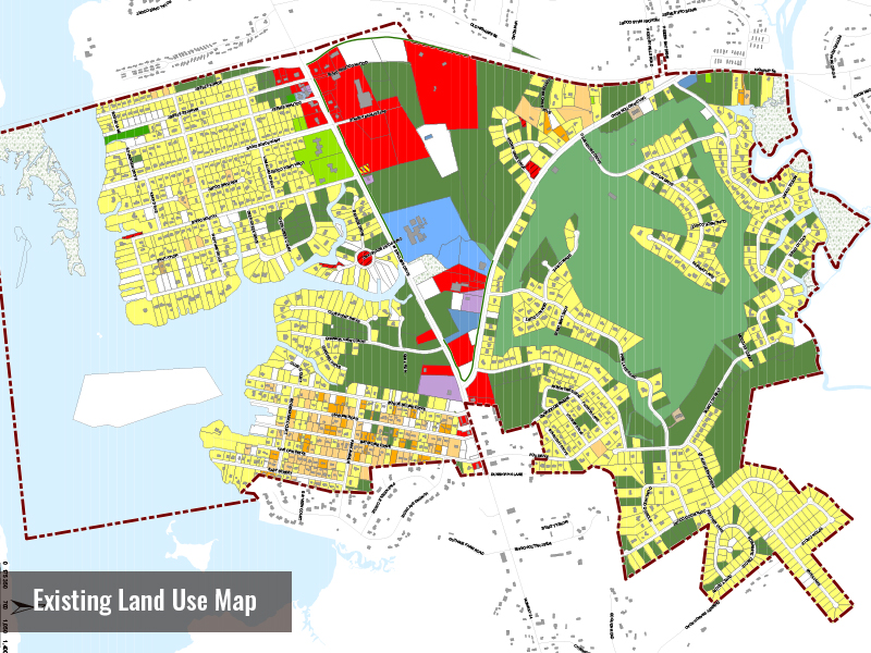 Map for the Cape Carteret CAMA Land Use Plan with Existing Land Use marked and labeled.