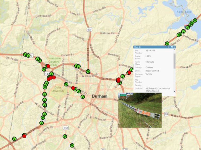 Map with Markers on it denoting notes made for the NCDOT Guardrail Inspection