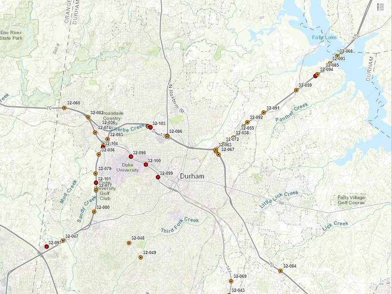 Map with Markers on it denoting notes made for the NCDOT Guardrail Inspection