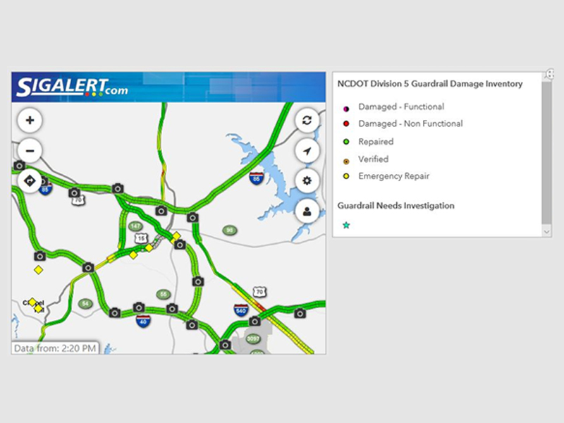 SigAlert screenshot with markers showing guardrail locations and levels of damage.