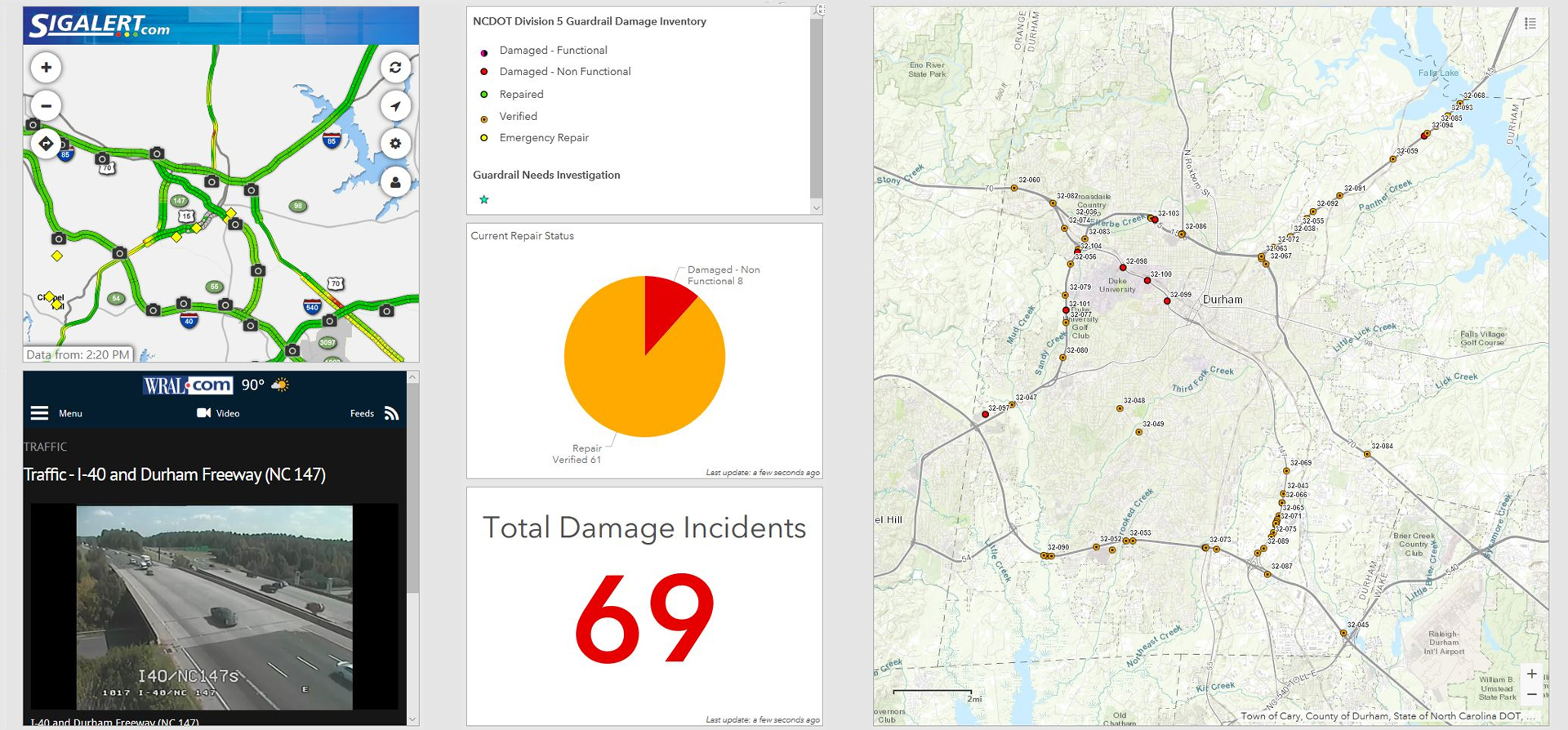 Map with Markers on it denoting notes made for the NCDOT Guardrail Inspection, with an example of the program being used to document the damage incidents in the area.
