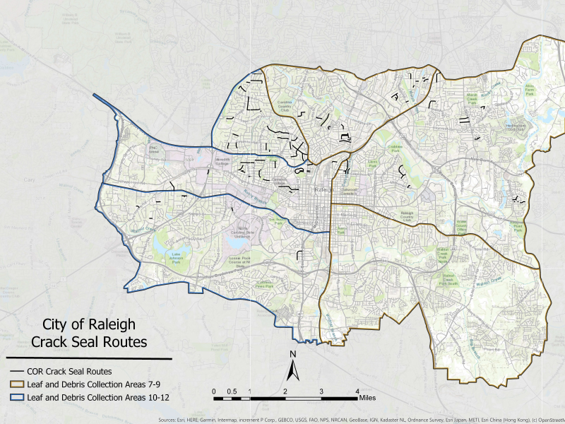 City of Raleigh Crack Seal Routes map depicting possible leaf and debris collection areas throughout the city.