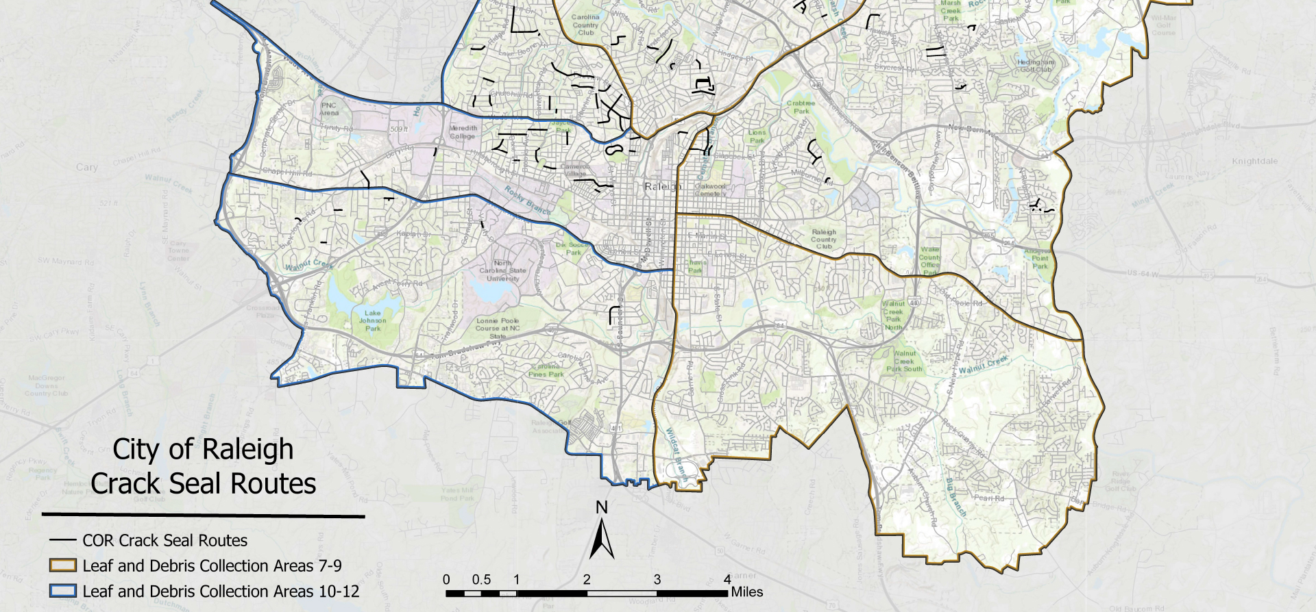 City of Raleigh Crack Seal Routes map depicting possible leaf and debris collection areas throughout the city, focused on the south end.